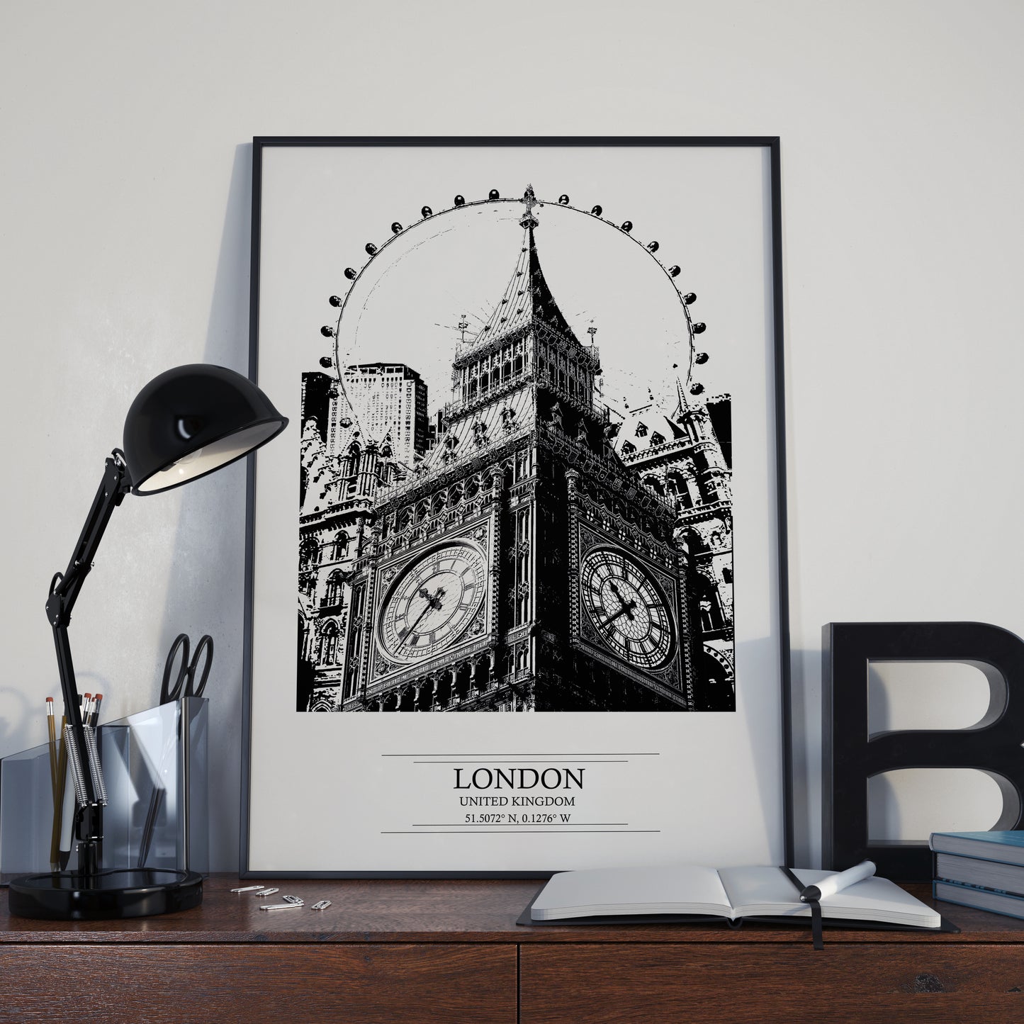 London Cityscape Print: Big Ben & London Eye, Black and White Art