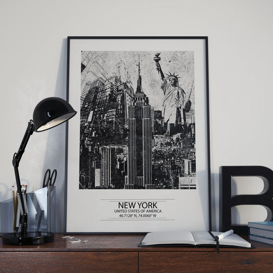 Vintage New York City Print: Black and White Abstract Cityscape