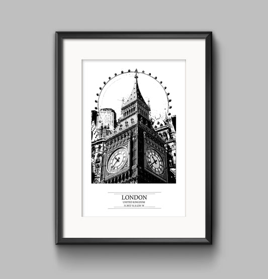 London Cityscape Print: Big Ben & London Eye, Black and White Art